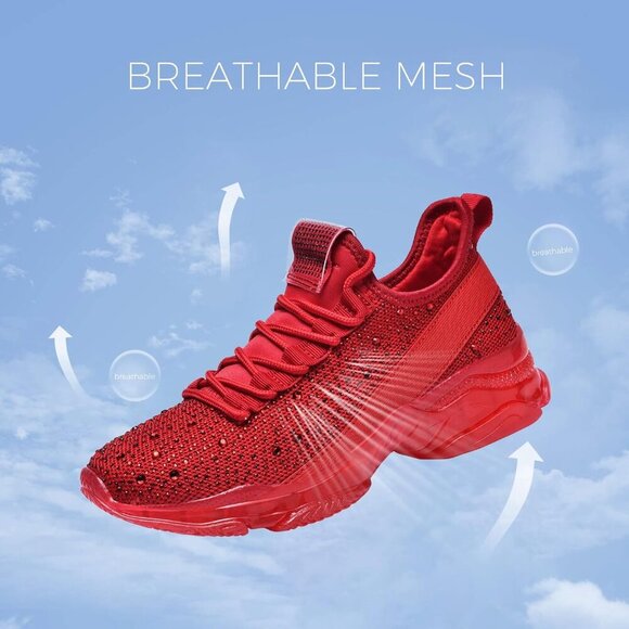 🆕 Red Rhinestone Mesh Slip-On Walking Shoes Fashion Glitter Breathable Sneaker - Picture 2 of 9